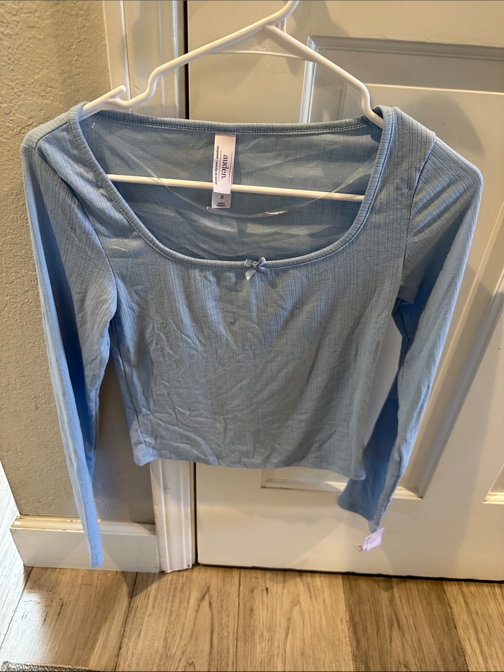 Auden Light Blue Ribbed Long-Sleeve Scoop Neck Top with Bow